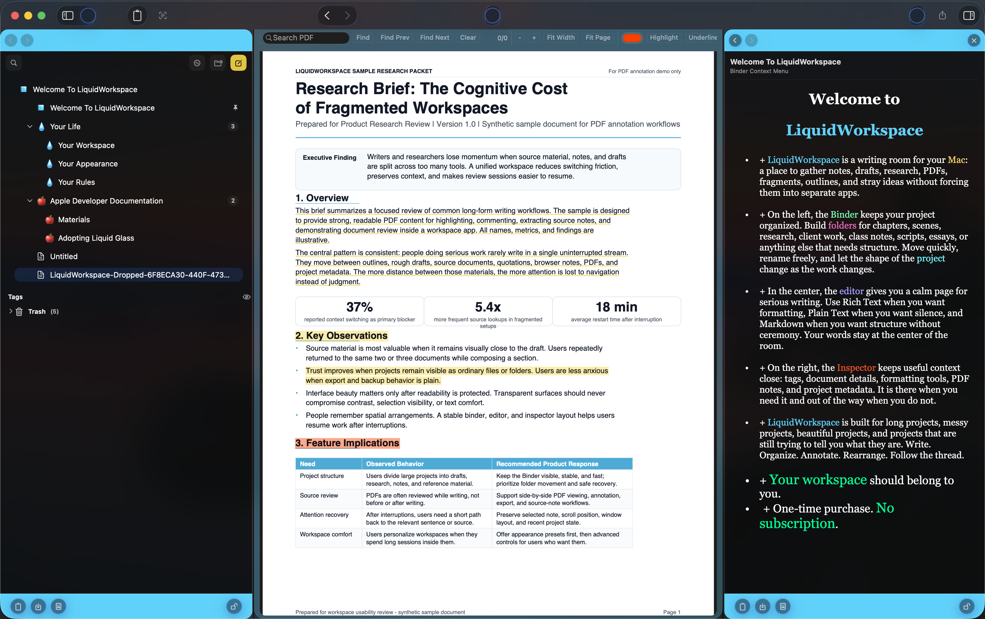 LiquidWorkspace PDF research workflow with annotations beside writing