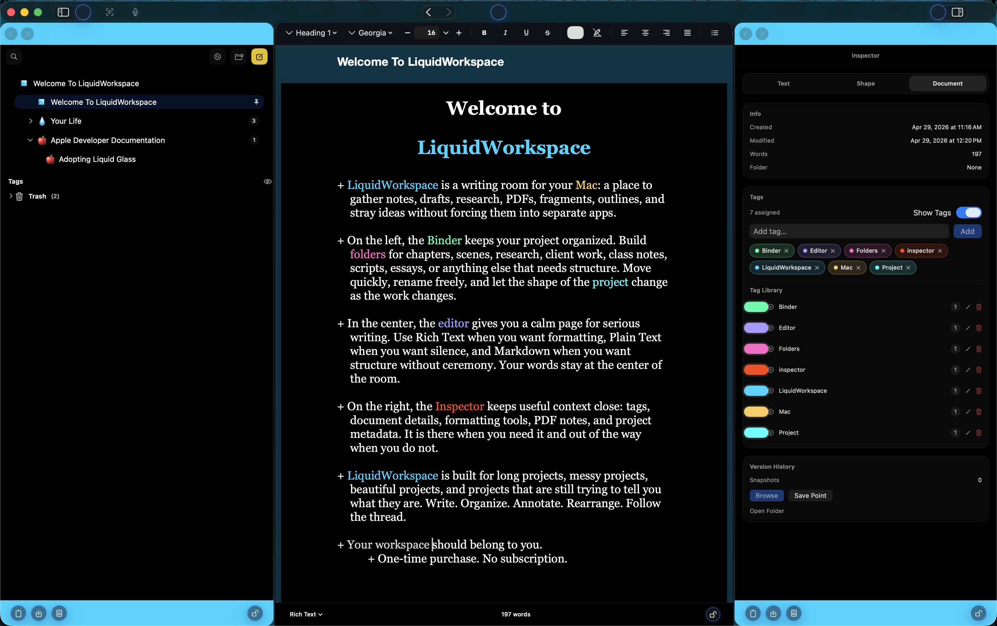 LiquidWorkspace writing workspace with binder, editor, and inspector