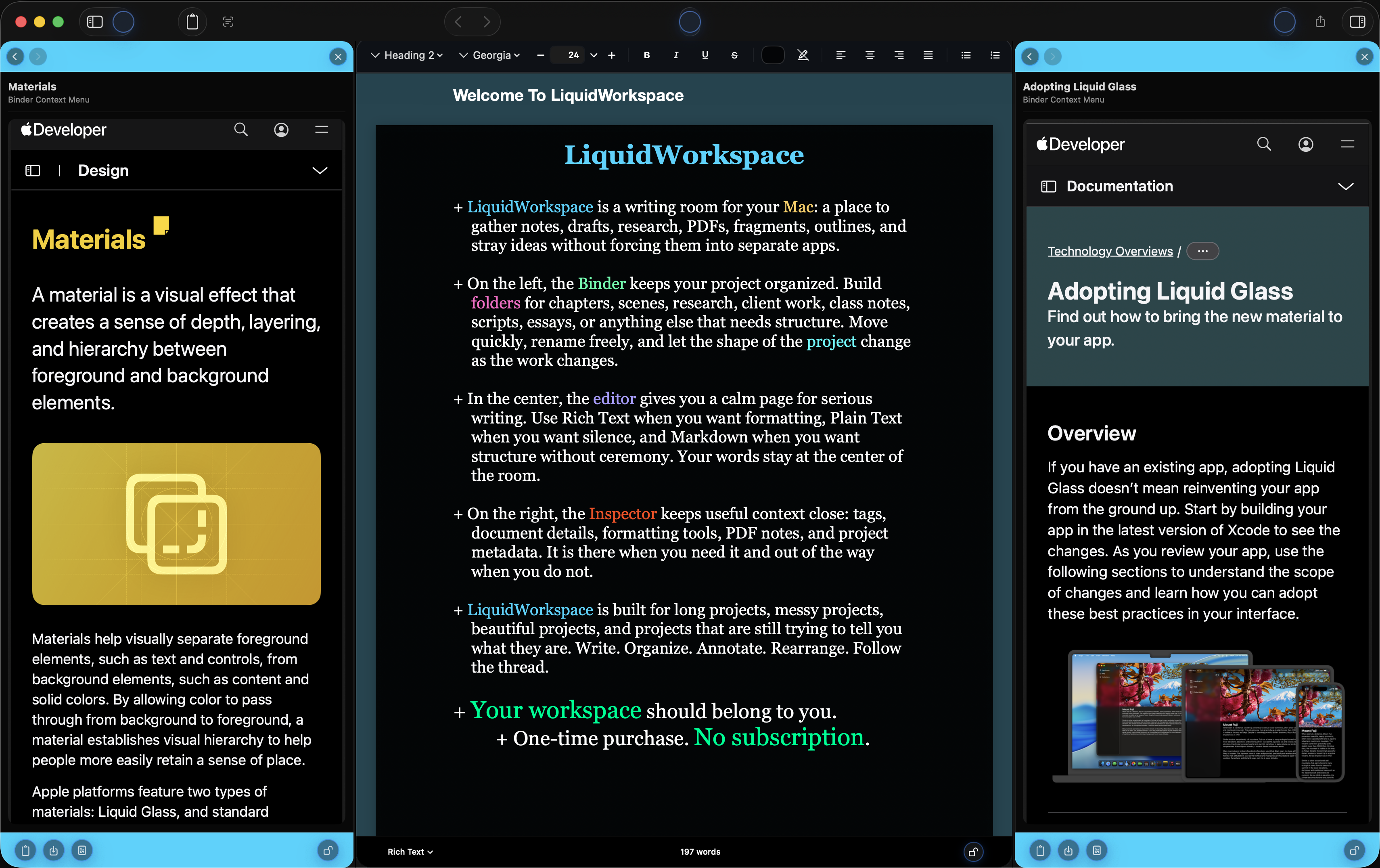 LiquidWorkspace with PDFs open on both sides of the writing workspace